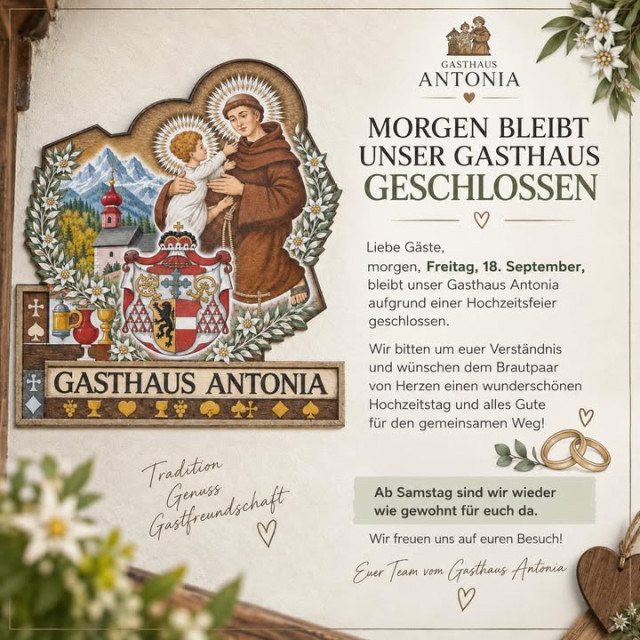 💍 Morgen bleibt unser Gasthaus geschlossen Liebe G...